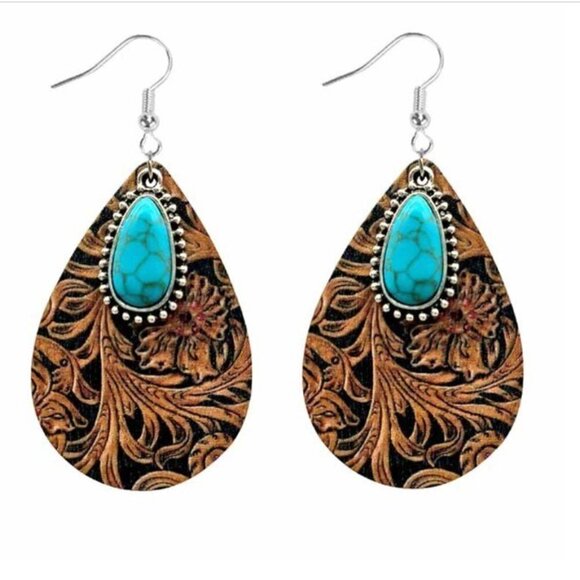 Turquoise Southwestern Earrings Boho Floral Drop Tooled Leather Dangle Boho NWT - Picture 4 of 8